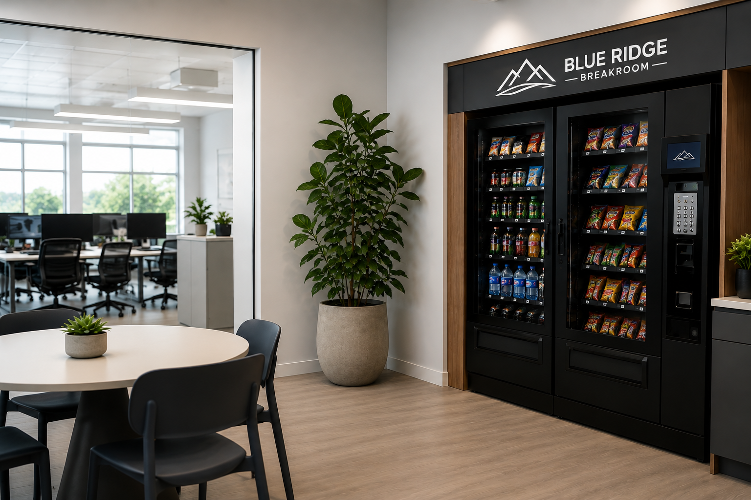 Blue Ridge Breakroom vending machines in a modern office breakroom