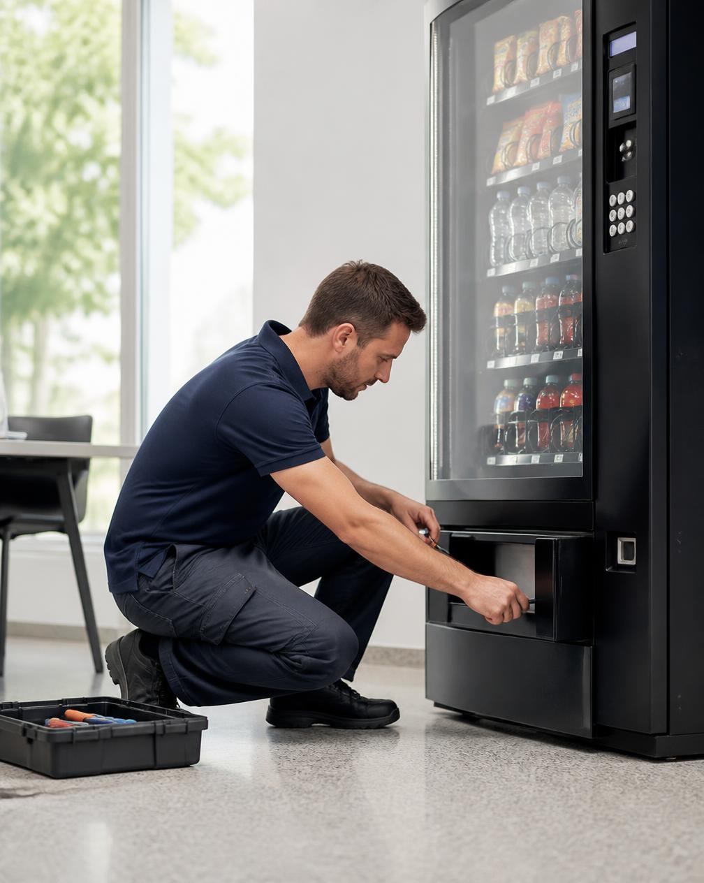 Technician installing a vending machine at a workplace