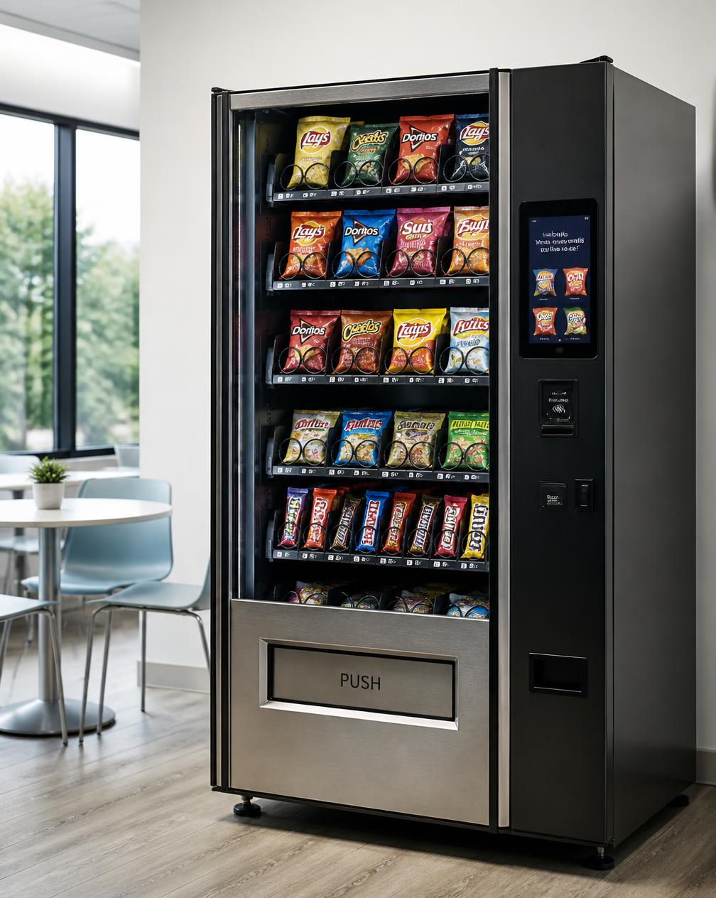 Modern glass-front snack vending machine in an office breakroom